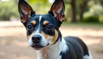 Portrait of a Rat Terrier with bright dark eyes, short and smooth coat, relaxed expression, natural lighting creating a warm glow, plain blurred background, calm and composed demeanor photo