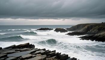 Surging waves crashing on a rocky coastline beneath a brooding sky photo