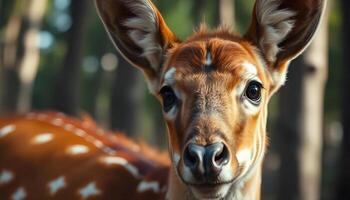 Bongo with unique orange and white fur pattern and bright eyes in soft blurred forest background photo