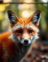 Close up of female red fox with clear eyes and rich fur in tranquil woodland backdrop photo