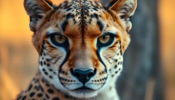 Female cheetah with sleek fur and bright eyes in soft savannah background photo