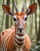 Close up of a female bongo antelope showcasing her unique coat patterns photo