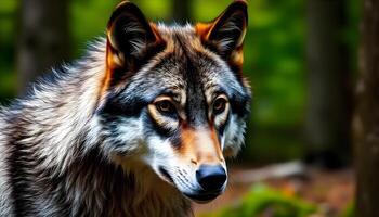 Portrait of a gray wolf, emphasizing its powerful stance, striking golden eyes, and thick fur coat, with a softly blurred wilderness backdrop photo