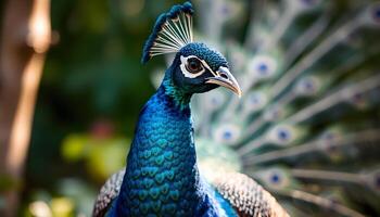 Striking close up of a peacock, emphasizing vibrant colors and fine feather patterns photo