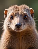 Close up of a male mongoose with a sharp gaze and textured fur, soft background blur photo