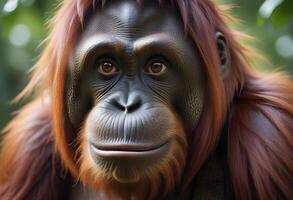 Intimate close up of a female orangutans face, capturing the depth in her eyes and fine details of her fur photo
