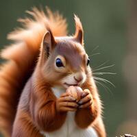 Portrait of a red squirrel, highlighting her rich auburn fur, sharp tiny claws gripping a nut, and her alert, focused gaze, with a softly blurred natural background photo