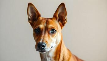 A close up of a brown and white dog with large ears and a focused expression photo