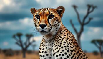 Side profile of a cheetah with sharp facial markings and golden fur, natural lighting bringing out intricate fur textures photo