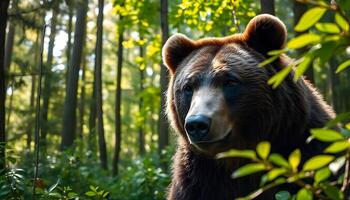 Close up of a brown bear in a dense forest, surrounded by trees, sunlight filtering through the leaves photo