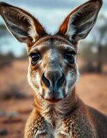Close up of a kangaroo with sharp details in its fur, an intense gaze, and the natural tones of the Australian wilderness complementing its stance photo