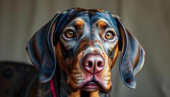Close up of a Plott Hound with amber eyes, short brindle coat, focused expression, soft natural lighting, blurred background, calm and alert demeanor, intense gaze directly at the camera photo