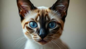 Close up of Siamese cat with pointed ears and intense gaze in soft natural light photo