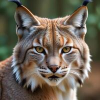 Close up of a female lynx with sharp eyes and tufted ears in a forest setting photo