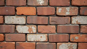 Overhead view of rough brick texture with worn and discolored bricks photo
