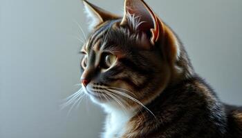 Close up profile of tabby cat with expressive eyes and prominent whiskers photo