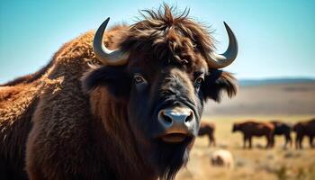 Portrait of a male bison with a thick, dark mane and a strong, calm expression The focus is on the texture of his fur and the depth in his eyes The background is a blurred prairie landscape photo