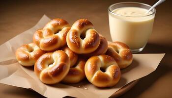Warm and golden soft pretzel bites served with creamy cheese dip photo