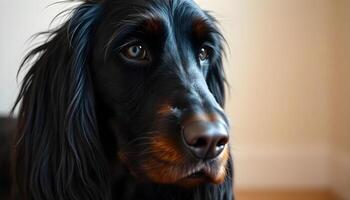 Close up of a Gordon Setter with bright dark eyes, long silky coat, focused gaze, natural lighting enhancing the fur texture, neutral blurred background, calm and composed demeanor photo