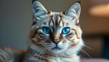 Close up of Turkish Kangal cat with gentle gaze and colored patches in soft lighting photo
