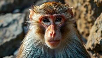 Detailed close up of a male macaque, highlighting its textured fur, focused gaze, and the subtle interplay of light and shadow on its face photo