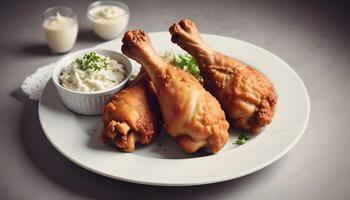 Crispy fried chicken drumsticks with a creamy, crunchy coleslaw mix photo