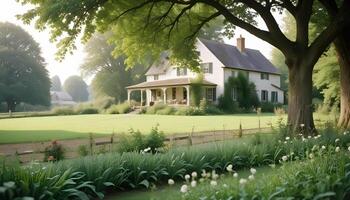 Tranquil rural setting with a charming farmhouse and blooming garden photo