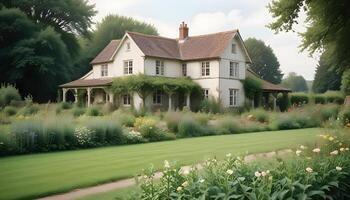 Idyllic rural retreat with a farmhouse and blossoming garden in view photo