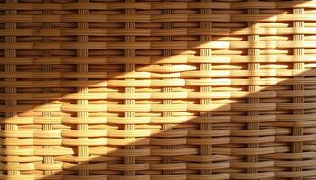 Rattan texture background illuminated by soft natural light, creating subtle shadows that accentuate the dimensionality of the woven surface photo