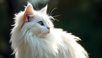 Elegant Turkish Angora with bright blue eyes and flowing white fur, soft bokeh background photo