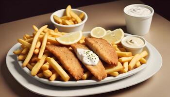 Hot and crispy fish fillet with golden fries, tangy tartar sauce, and lemon photo