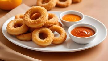 Crispy onion rings with a thick cut, served with a zesty tangy dipping sauce photo