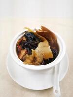 Agaricus Blazei, Fish Maw, Conch Head and Bamboo Chicken Soup served in broth isolated on background top view of Hong Kong food photo