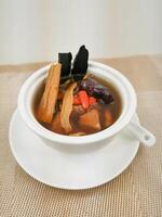 American Ginseng Dendrobium Soup include Lingzhi, red dates, wolfberries, and dang shen served in broth isolated on background side view of Hong Kong food photo