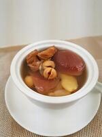 Pork Shank Soup with Figs and Apples served in broth isolated on background side view of Hong Kong food photo