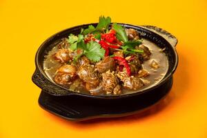 Sea Snails in Spicy Wine Sauce with fresh cilantro and red chilies served in plate isolated on orange background side view of hong kong food photo