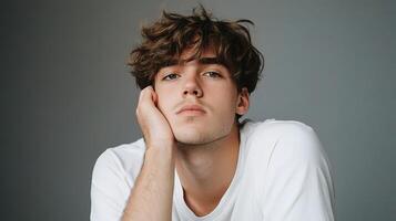 Portrait of Bored Young Man with Thoughtful Expression in White T-Shirt photo