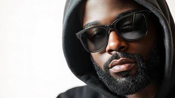 A man with a beard and sunglasses wearing a hoodie photo