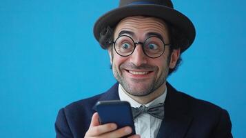A man in a bow tie and glasses is holding a cell phone photo