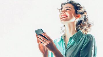 A woman is smiling while holding a cell phone photo