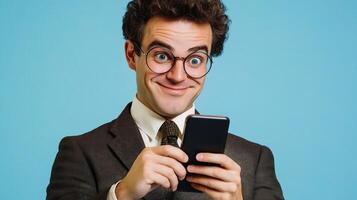 Cheerful Businessman with Round Glasses Typing SMS on a Phone photo