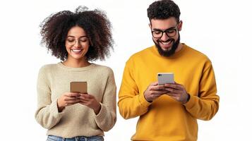 A man and woman are looking at their phones photo
