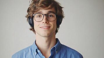 Young Man in Blue Shirt with Glasses and Headphones Smiling photo
