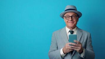 An older man in a suit and hat holding a cell phone photo