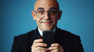 A bald man in a suit and glasses holding a cell phone photo
