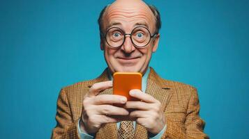 Cheerful Businessman in Round Glasses Typing an SMS with Joy photo