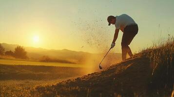 A man is hitting a golf ball into a sand trap photo