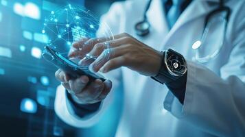A doctor is using a smart phone with a futuristic interface photo