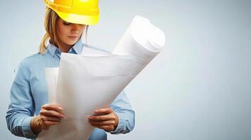 Professional Female Architect Reviewing Blueprints in Office Setting photo