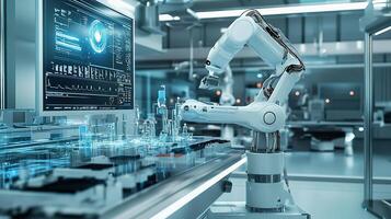 A robot is working on a computer in a factory photo